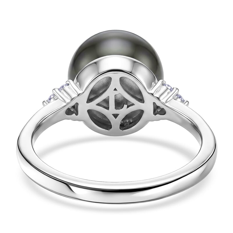 Premium Tahitian Pearl and Luxuriant Lab Grown Diamond 0.10 ctw Celestial Orbit Ring in Rhodium Over Sterling Silver (Size 10.0)