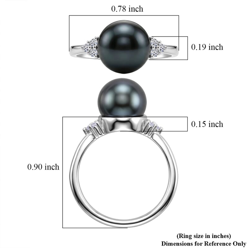 Premium Tahitian Pearl and Luxuriant Lab Grown Diamond 0.10 ctw Celestial Orbit Ring in Rhodium Over Sterling Silver (Size 10.0)