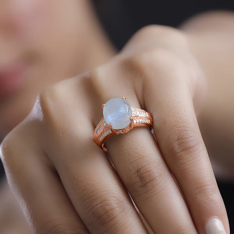 D'Joy Rainbow Moonstone and White Zircon 5.10 ctw Ring in 18K Vermeil Rose Gold Over Sterling Silver (Size 10.0)