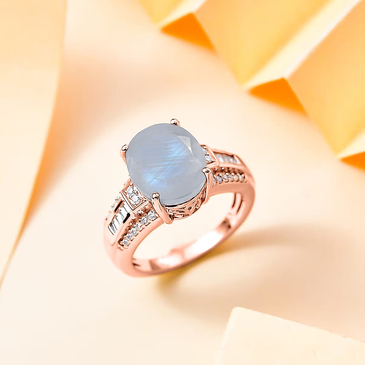 D'Joy Rainbow Moonstone and White Zircon 5.10 ctw Ring in 18K Vermeil Rose Gold Over Sterling Silver (Size 8.5) image number 1