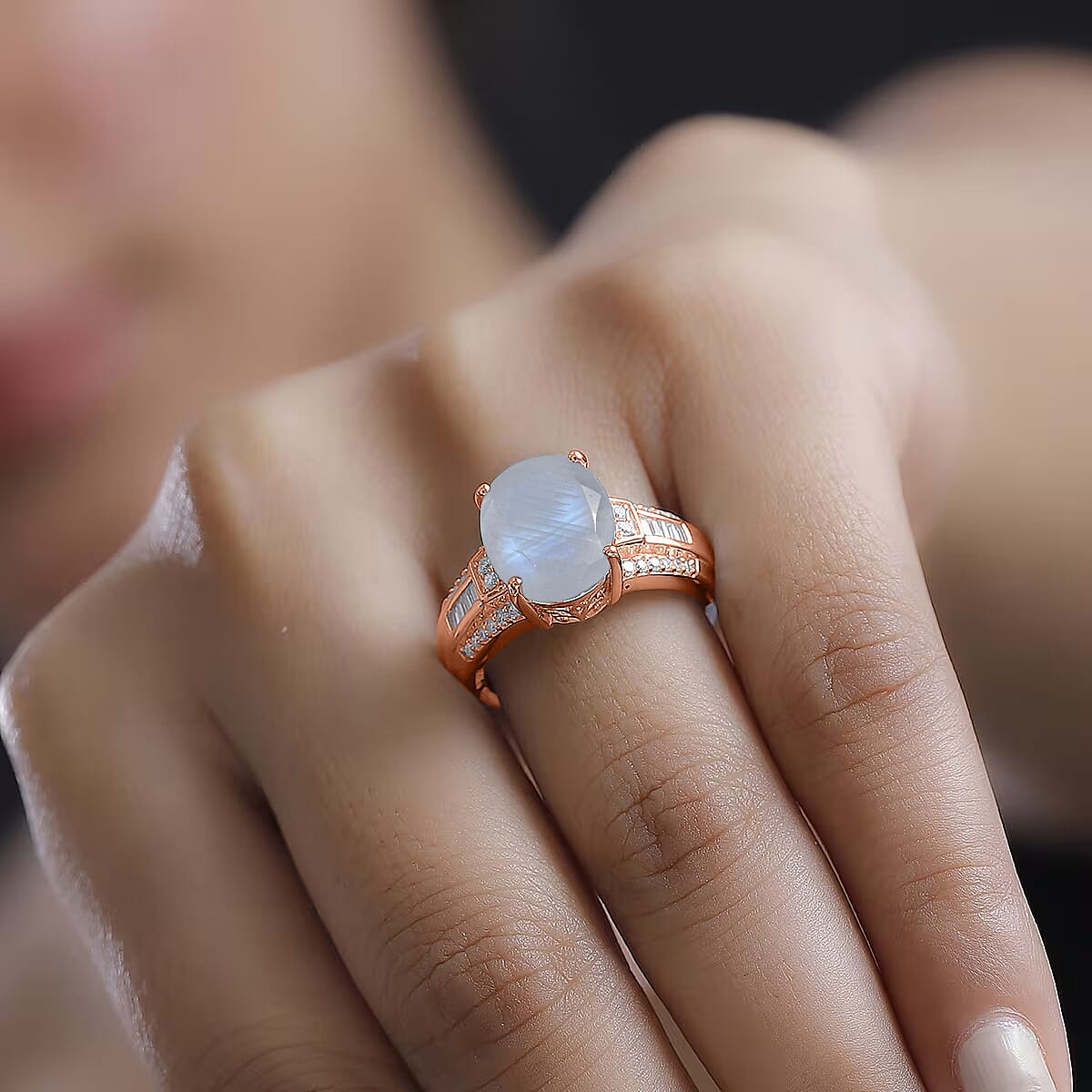 D'Joy Rainbow Moonstone and White Zircon 5.10 ctw Ring in 18K Vermeil Rose Gold Over Sterling Silver (Size 9.5) image number 2