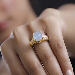 D'Joy Rainbow Moonstone and White Zircon 5.10 ctw Ring in 18K Vermeil Yellow Gold Over Sterling Silver (Size 7.0)