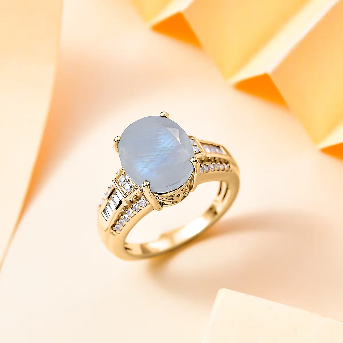 D'Joy Rainbow Moonstone and White Zircon 5.10 ctw Ring in 18K Vermeil Yellow Gold Over Sterling Silver (Size 9.0) image number 1