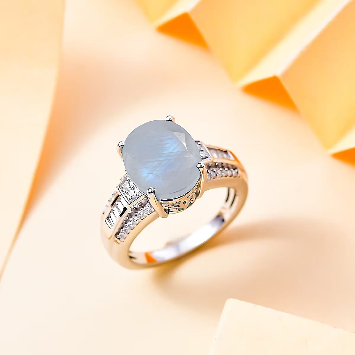 D'Joy Rainbow Moonstone and White Zircon 5.10 ctw Ring in Rhodium Over Sterling Silver (Size 12.0) image number 1