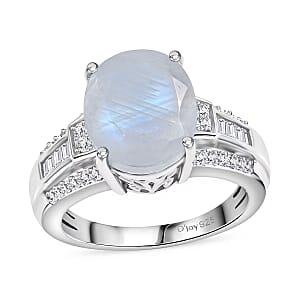 D'Joy Rainbow Moonstone and White Zircon 5.10 ctw Ring in Rhodium Over Sterling Silver (Size 4.0)