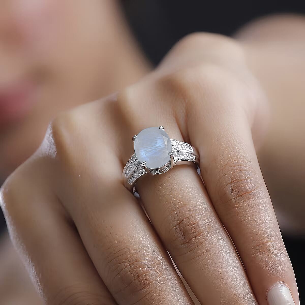 D'Joy Rainbow Moonstone and White Zircon 5.10 ctw Ring in Rhodium Over Sterling Silver (Size 6.0) image number 2