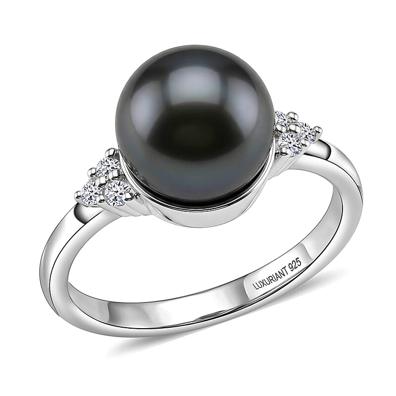 Premium Tahitian Pearl and Luxuriant Lab Grown Diamond 0.10 ctw Celestial Orbit Ring in Rhodium Over Sterling Silver (Size 6.0)