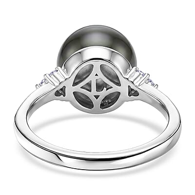 Premium Tahitian Pearl and Luxuriant Lab Grown Diamond 0.10 ctw Celestial Orbit Ring in Rhodium Over Sterling Silver (Size 6.0)