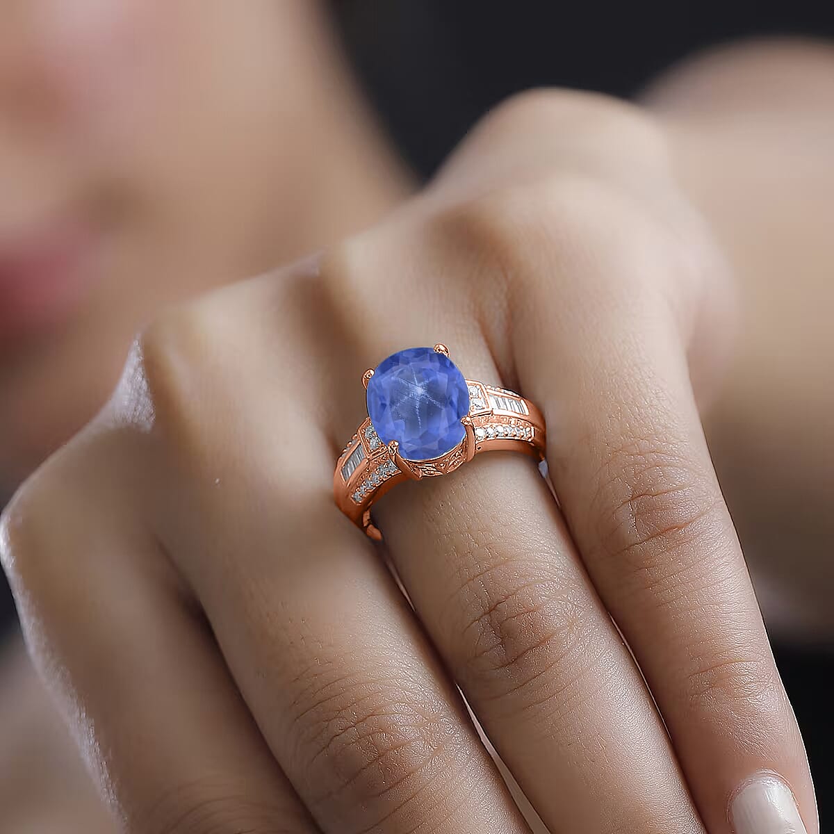D'Joy Madagascar Blue Sapphire (DF) and White Zircon 7.50 ctw Ring in 18K Vermeil Rose Gold Over Sterling Silver (Size 12.0) image number 2