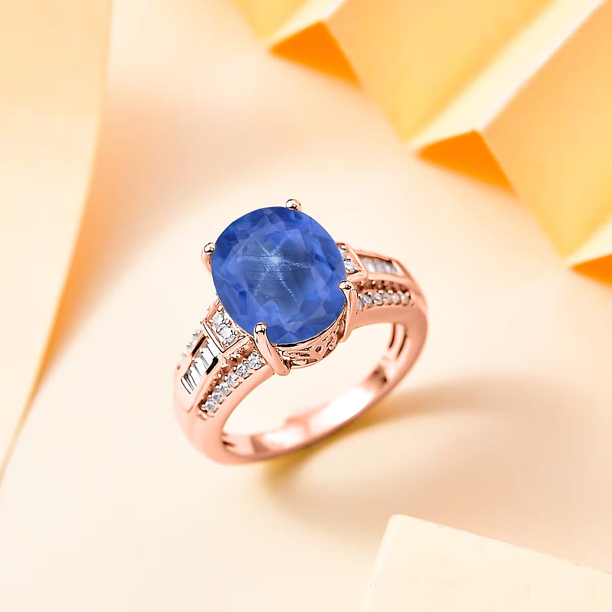 D'Joy Madagascar Blue Sapphire (DF) and White Zircon 7.50 ctw Ring in 18K Vermeil Rose Gold Over Sterling Silver (Size 4.0) image number 1