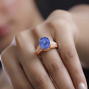 D'Joy Madagascar Blue Sapphire (DF) and White Zircon 7.50 ctw Ring in 18K Vermeil Rose Gold Over Sterling Silver (Size 4.0)