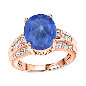 D'Joy Madagascar Blue Sapphire (DF) and White Zircon 7.50 ctw Ring in 18K Vermeil Rose Gold Over Sterling Silver (Size 6.0)