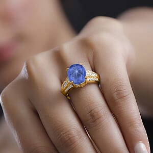 D'Joy Madagascar Blue Sapphire (DF) and White Zircon 7.50 ctw Ring in 18K Vermeil Yellow Gold Over Sterling Silver (Size 7.0)