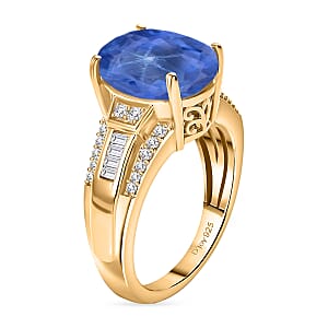 D'Joy Madagascar Blue Sapphire (DF) and White Zircon 7.50 ctw Ring in 18K Vermeil Yellow Gold Over Sterling Silver (Size 8.5)