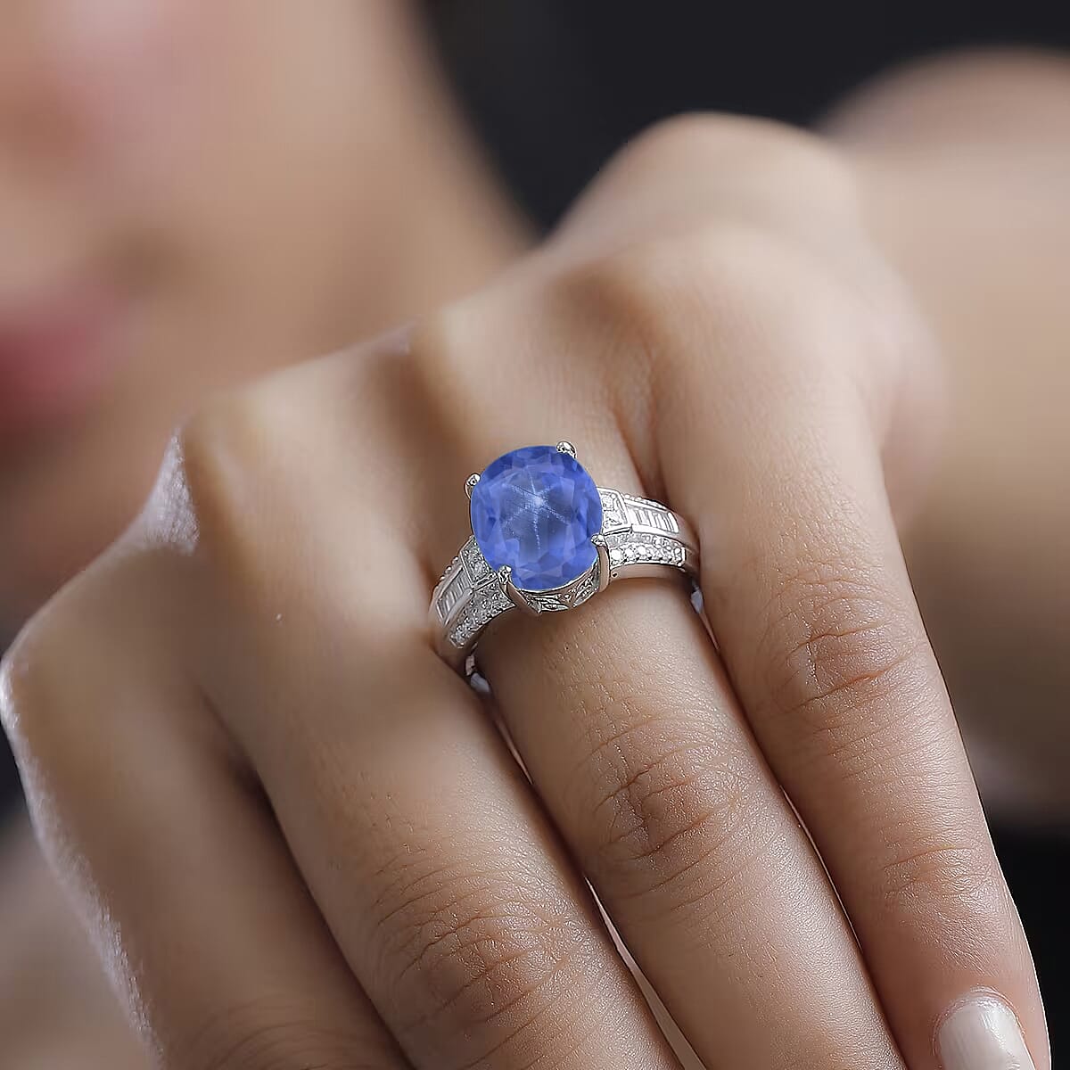 D'Joy Madagascar Blue Sapphire (DF) and White Zircon 7.50 ctw Ring in Rhodium Over Sterling Silver (Size 10.0) image number 2