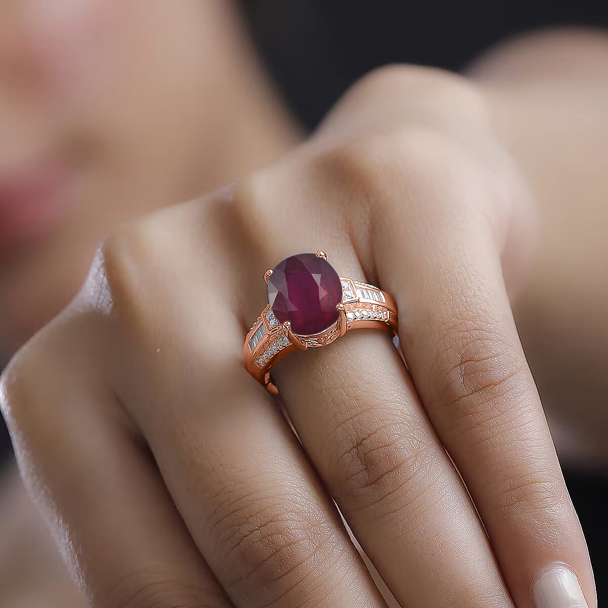 D'Joy Niassa Ruby (FF) and White Zircon 7.50 ctw Ring in 18K Vermeil Rose Gold Over Sterling Silver (Size 12.0)