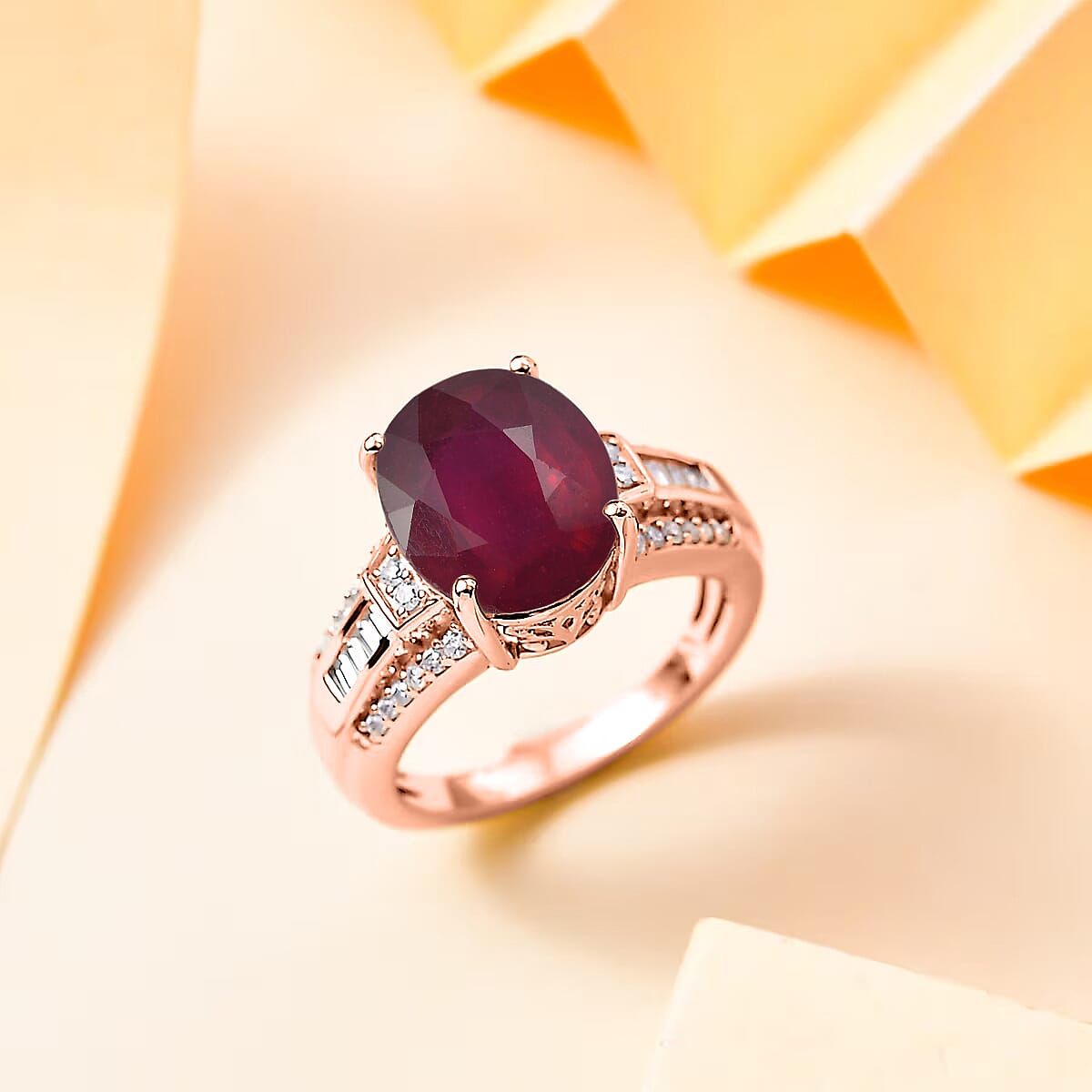 D'Joy Niassa Ruby (FF) and White Zircon 7.50 ctw Ring in 18K Vermeil Rose Gold Over Sterling Silver (Size 4.5)