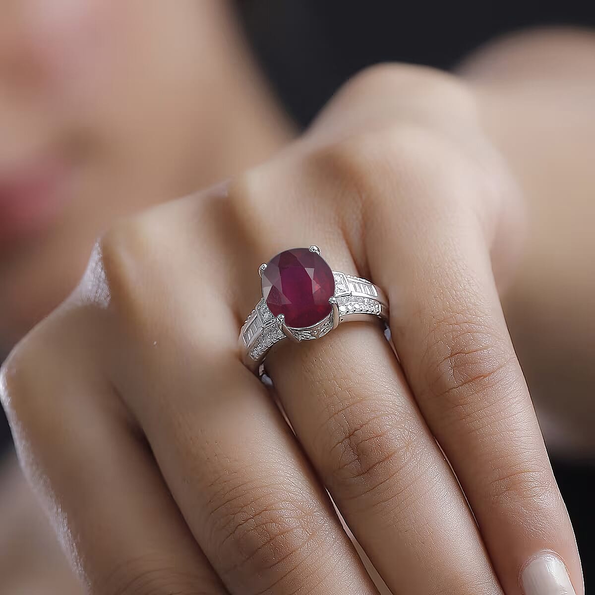 D'Joy Niassa Ruby (FF) and White Zircon 7.50 ctw Ring in Rhodium Over Sterling Silver (Size 10.5) image number 2