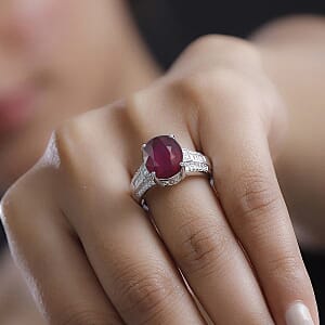 D'Joy Niassa Ruby (FF) and White Zircon 7.50 ctw Ring in Rhodium Over Sterling Silver (Size 10.5)