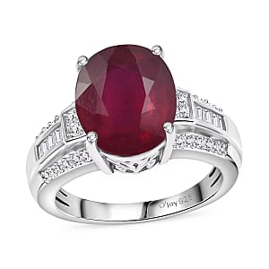 D'Joy Niassa Ruby (FF) and White Zircon 7.50 ctw Ring in Rhodium Over Sterling Silver (Size 7.5)