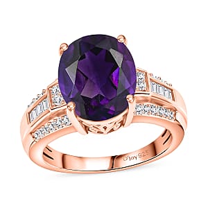 D'Joy Lusaka Amethyst and White Zircon 5.60 ctw Ring in 18K Vermeil Rose Gold Over Sterling Silver (Size 11.0)