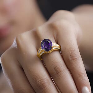D'Joy Lusaka Amethyst and White Zircon 5.60 ctw Ring in 18K Vermeil Yellow Gold Over Sterling Silver (Size 4.0)