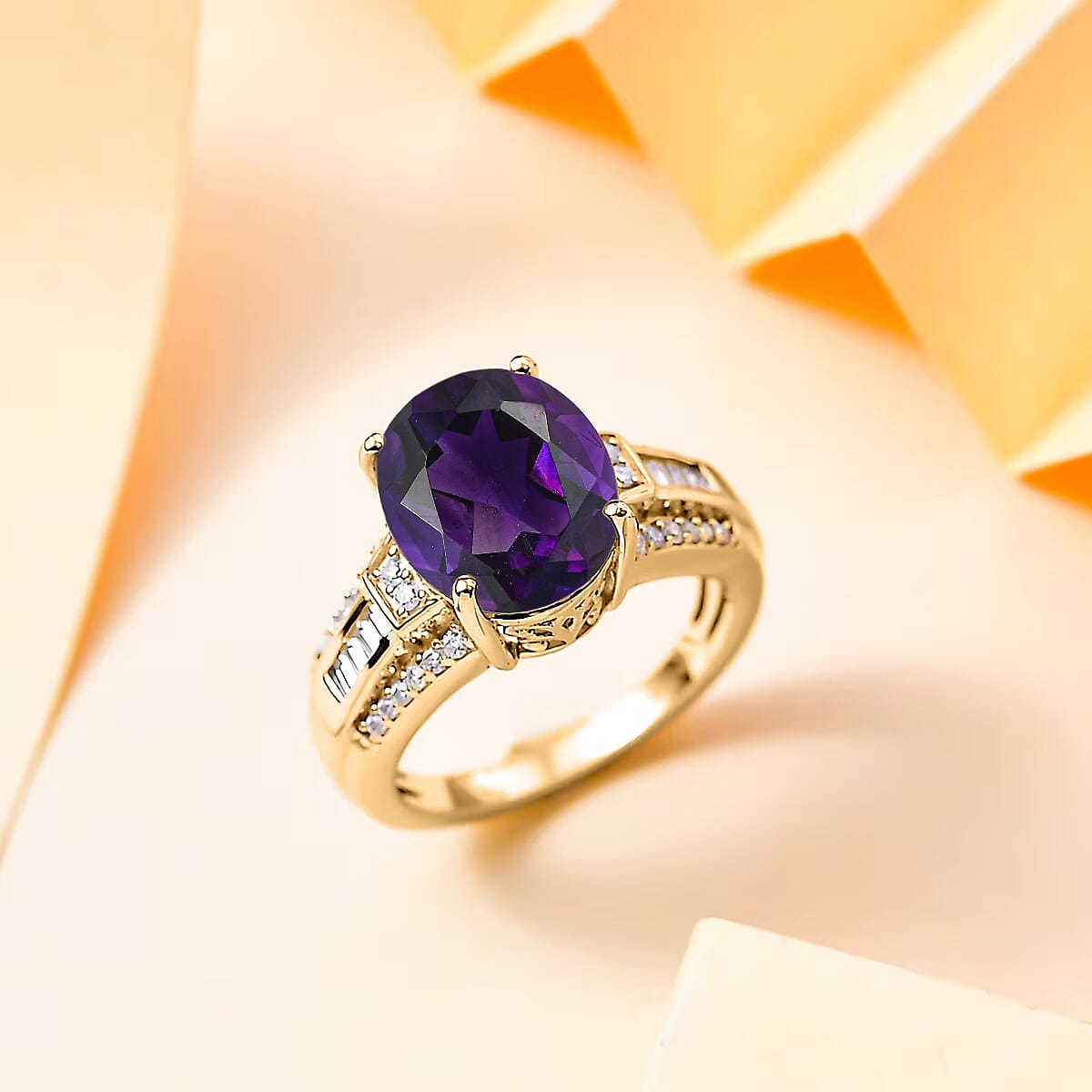 D'Joy Lusaka Amethyst and White Zircon 5.60 ctw Ring in 18K Vermeil Yellow Gold Over Sterling Silver (Size 6.0) image number 1