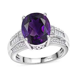 D'Joy Lusaka Amethyst and White Zircon 5.60 ctw Ring in Rhodium Over Sterling Silver (Size 5.5)