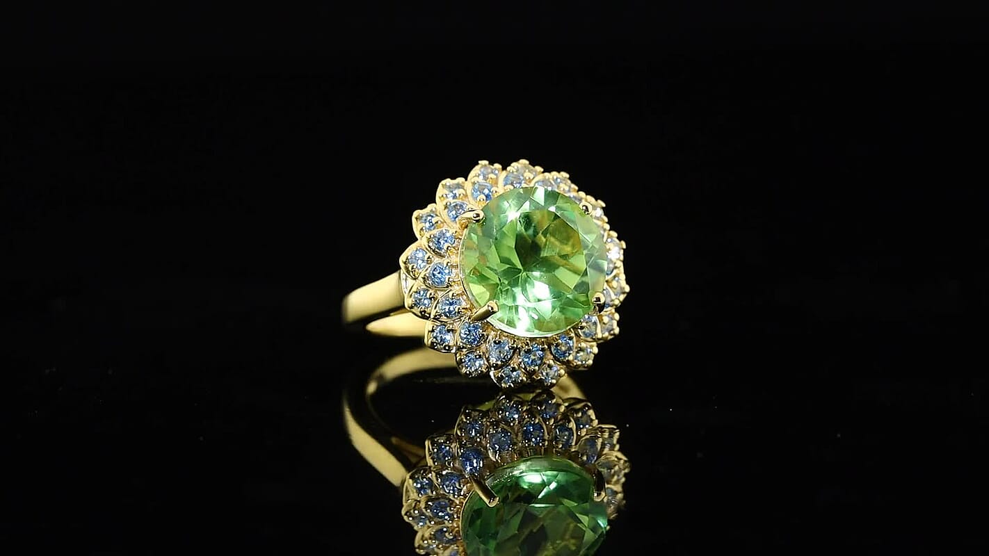 EverTrue Green Gold Quartz, Signity Pariaba and Ice Blue Topaz Ring 18K YG Plated (Size 10.0) 4.80 ctw