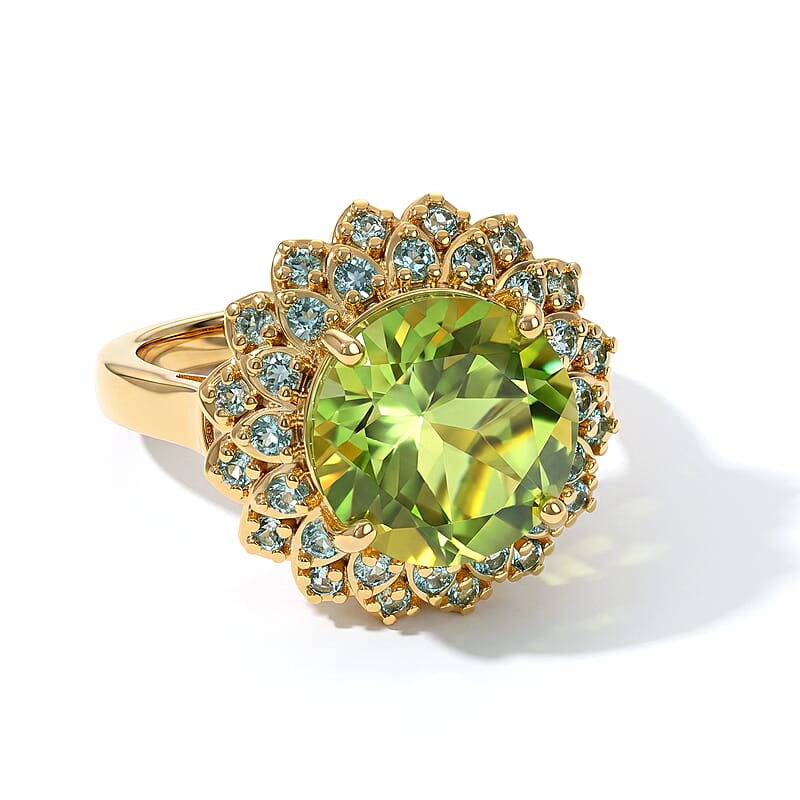 EverTrue Chartreuse Quartz, Signity Pariaba and Ice Blue Topaz 6.00 ctw Ring 18K YG Plated (Size 8.0)