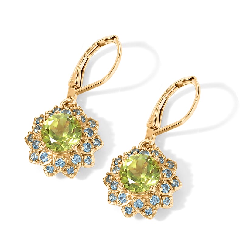 EverTrue Chartreuse Quartz, Signity Pariaba and Ice Blue Topaz 4.10 ctw Earrings in 18K YG Plated