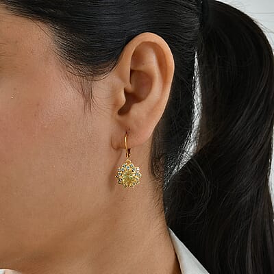 EverTrue Green Gold Quartz, Signity Pariaba and Ice Blue Topaz 3.30 ctw Earrings in 18K YG Plated