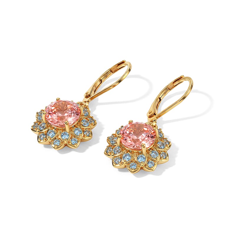 EverTrue Padparadscha Quartz, Signity Pariaba and Ice Blue Topaz 4.10 ctw Earrings in 18K YG Plated