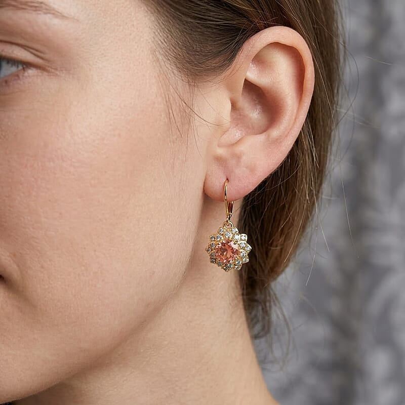 EverTrue Padparadscha Quartz, Signity Pariaba and Ice Blue Topaz 4.10 ctw Earrings in 18K YG Plated