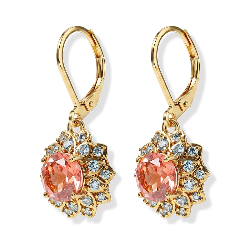 EverTrue Padparadscha Quartz, Signity Pariaba and Ice Blue Topaz 4.10 ctw Earrings in 18K YG Plated