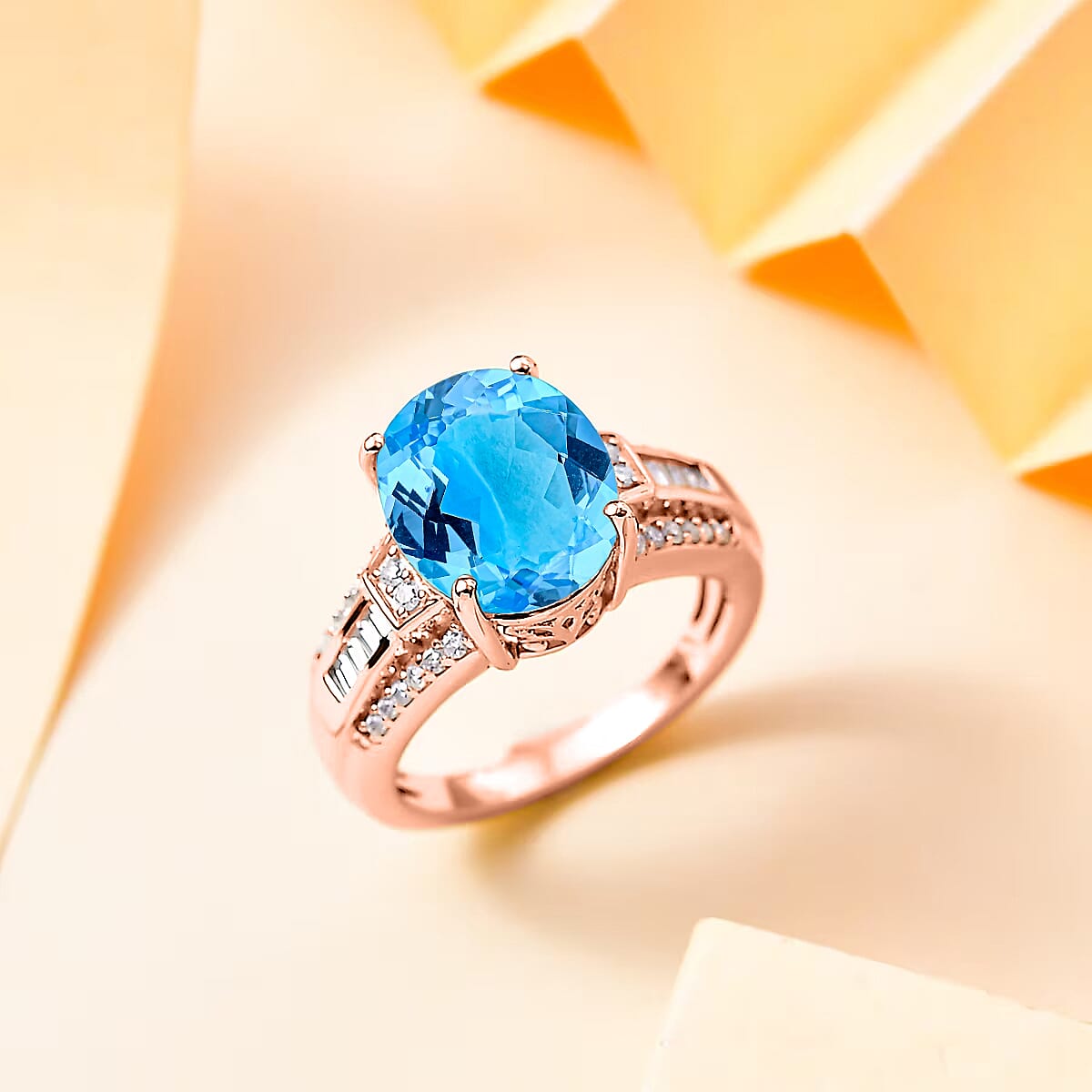 D'Joy Swiss Blue Topaz and White Zircon 7.30 ctw Ring in 18K Vermeil Rose Gold Over Sterling Silver (Size 4.5) image number 1