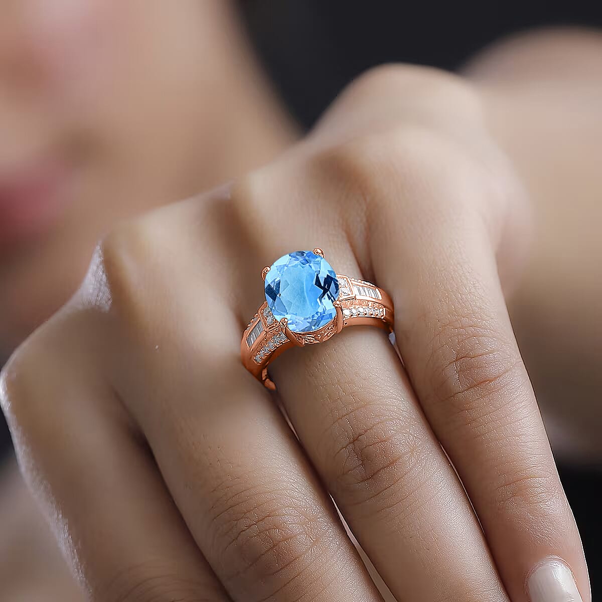 D'Joy Swiss Blue Topaz and White Zircon 7.30 ctw Ring in 18K Vermeil Rose Gold Over Sterling Silver (Size 7.5) image number 2