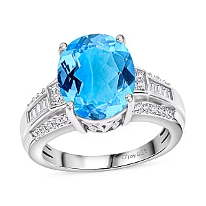 D'Joy Swiss Blue Topaz and White Zircon 7.30 ctw Ring in Rhodium Over Sterling Silver (Size 6.0)