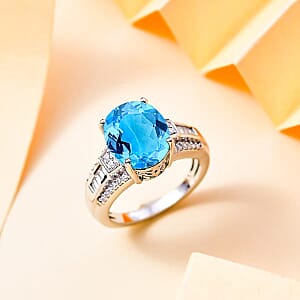 D'Joy Swiss Blue Topaz and White Zircon 7.30 ctw Ring in Rhodium Over Sterling Silver (Size 7.0)