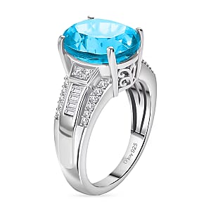 D'Joy Swiss Blue Topaz and White Zircon 7.30 ctw Ring in Rhodium Over Sterling Silver (Size 8.5)