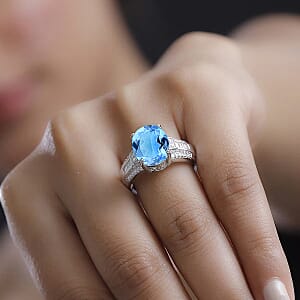 D'Joy Swiss Blue Topaz and White Zircon 7.30 ctw Ring in Rhodium Over Sterling Silver (Size 9.5)