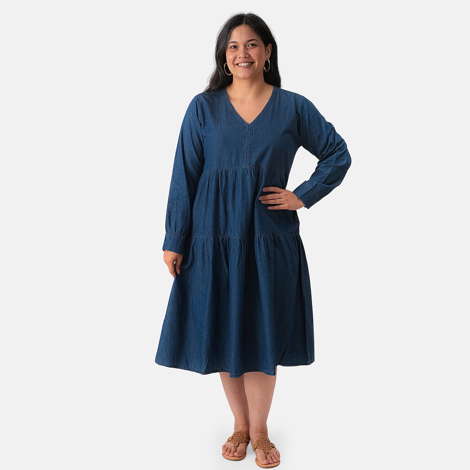 La Marey Dark Blue Cotton Denim Flattering Dress - One Size Plus