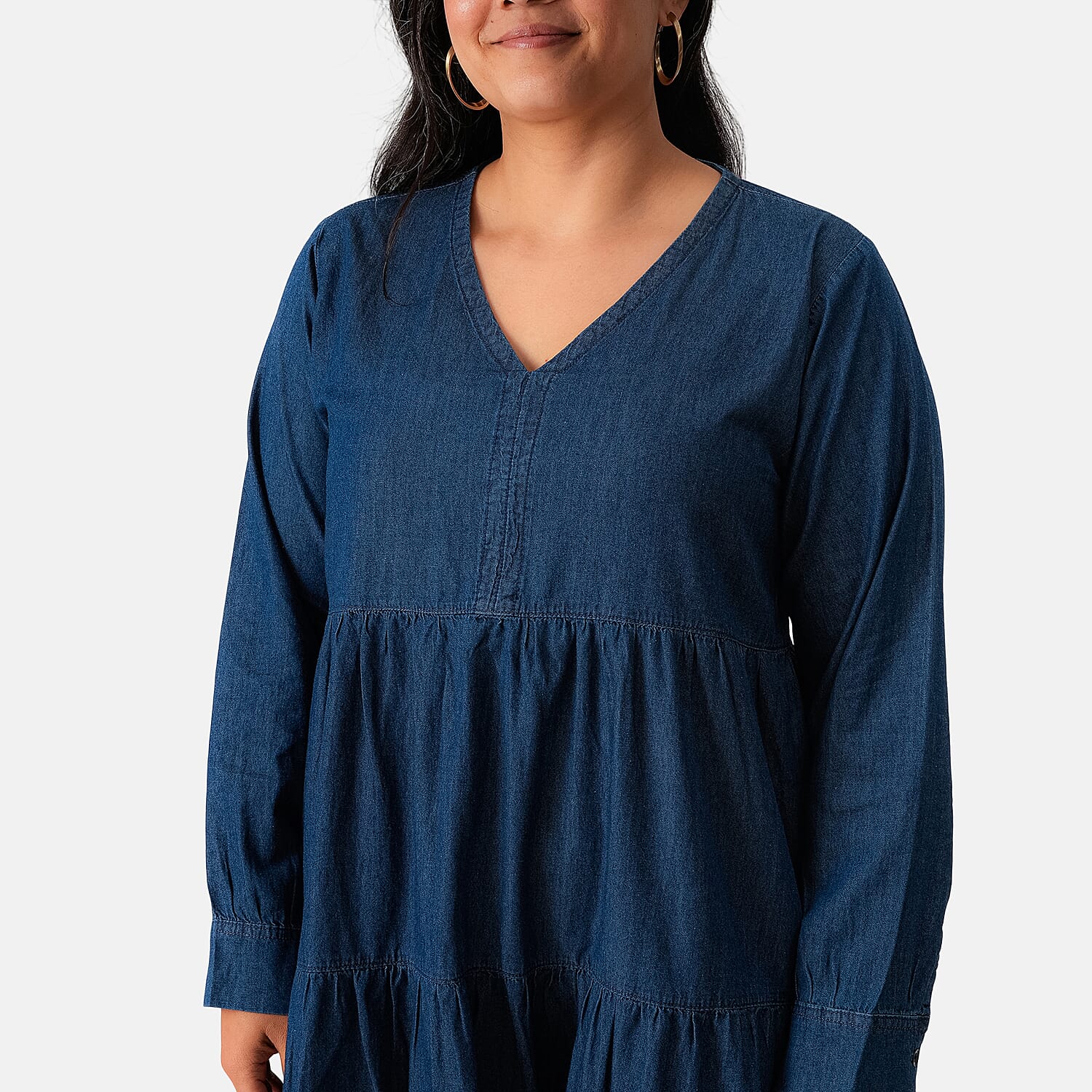 La Marey Dark Blue Cotton Denim Flattering Dress - One Size Plus