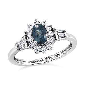 D'Joy Montana Sapphire and Moissanite 1.25 ctw Sunburst Halo Ring in Rhodium Over Sterling Silver (Size 10.0) (Del. in 8-10 Days)