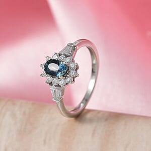 D'Joy Montana Sapphire and Moissanite 1.25 ctw Sunburst Halo Ring in Rhodium Over Sterling Silver (Size 10.0) (Del. in 8-10 Days)
