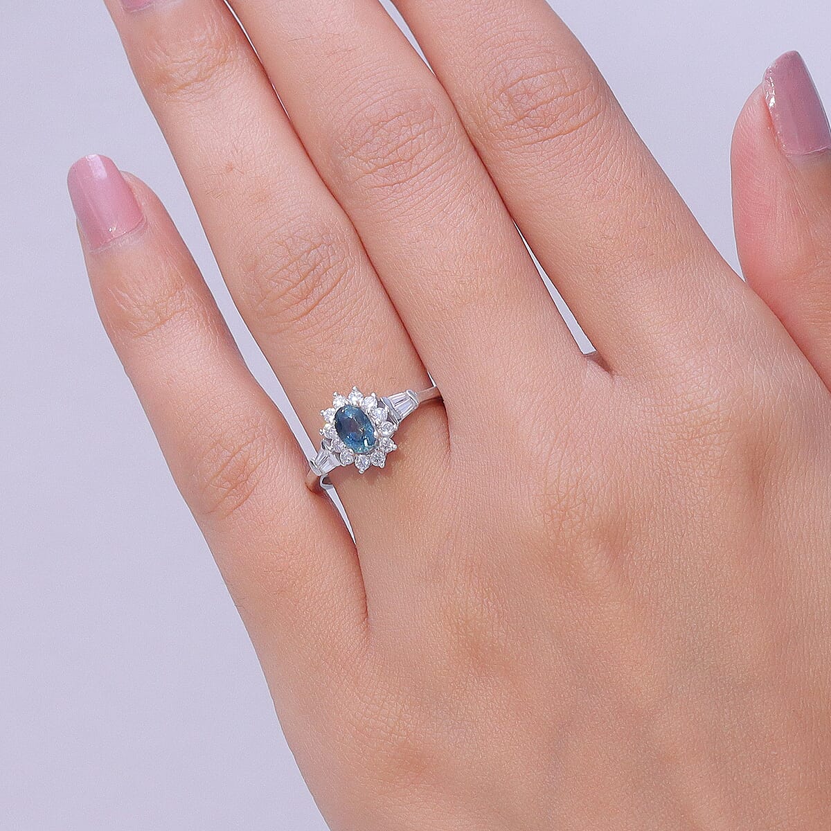 D'Joy Montana Sapphire and Moissanite 1.25 ctw Sunburst Halo Ring in Rhodium Over Sterling Silver (Size 10.0) (Del. in 8-10 Days) image number 2