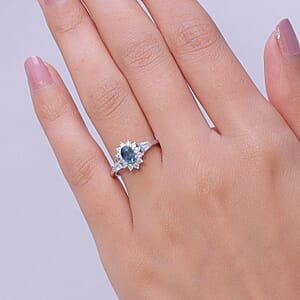 D'Joy Montana Sapphire and Moissanite 1.25 ctw Sunburst Halo Ring in Rhodium Over Sterling Silver (Size 10.0) (Del. in 8-10 Days)