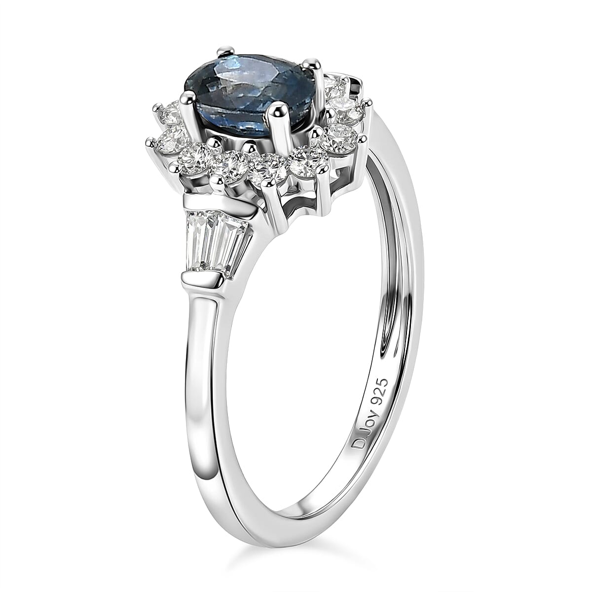 D'Joy Montana Sapphire and Moissanite 1.25 ctw Sunburst Halo Ring in Rhodium Over Sterling Silver (Size 10.0) (Del. in 8-10 Days) image number 3