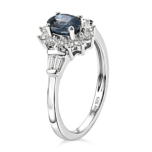 D'Joy Montana Sapphire and Moissanite 1.25 ctw Sunburst Halo Ring in Rhodium Over Sterling Silver (Size 10.0) (Del. in 8-10 Days)