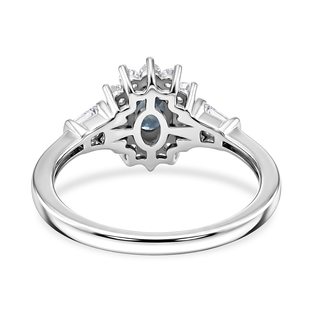 D'Joy Montana Sapphire and Moissanite 1.25 ctw Sunburst Halo Ring in Rhodium Over Sterling Silver (Size 10.0) (Del. in 8-10 Days) image number 4